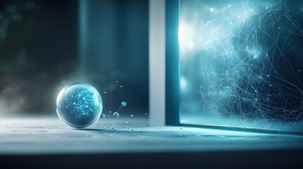 A quantum interface simulation showcasing the electric field of a charged sphere with visualized electric potential lines and particle interactions  The image leaves copy space on the bottom left