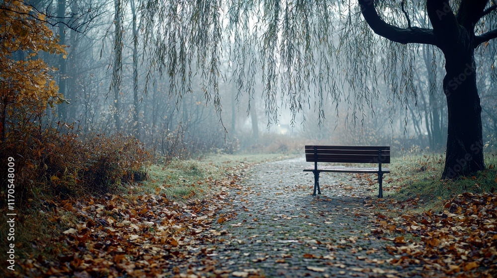 Poster serene forest pathway through fog with bench under weeping willow and autumn leaves on ground in tra