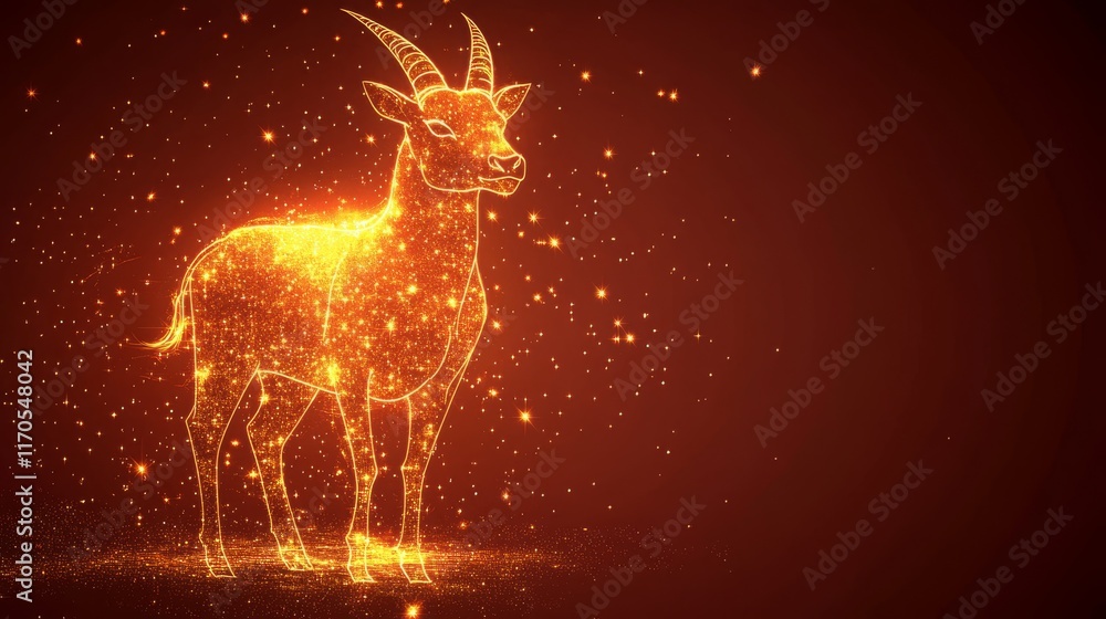 Poster glowing representation of a goat against a dark background with sparkling light effects and a warm, 