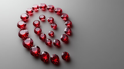 Obraz premium Multiple rubies arranged in a spiral formation, each glowing with a unique shade of red, placed on a neutral grey gradient background 