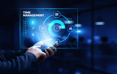 Time management planning productivity business concept. Businessman pressing button.