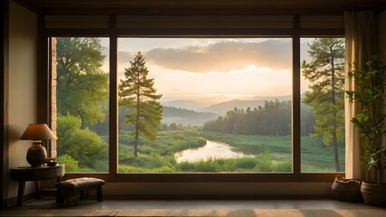 Scenic View of a Tranquil River Landscape at Sunrise From a Cozy Window in a Natural Setting