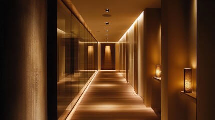 Elegant hallway featuring glass balustrades with warm lighting creating a serene atmosphere