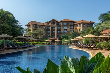 Obraz premium A serene photograph of a boutique hotel pool area, featuring stylish loungers, personalized touches such as fresh towels and fruit-infused water, and lush greenery surrounding the pool, capturing the