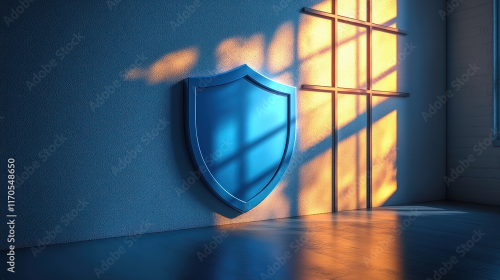 Poster minimalist blue shield icon on a white square with soft shadows and ambient lighting in a serene atm