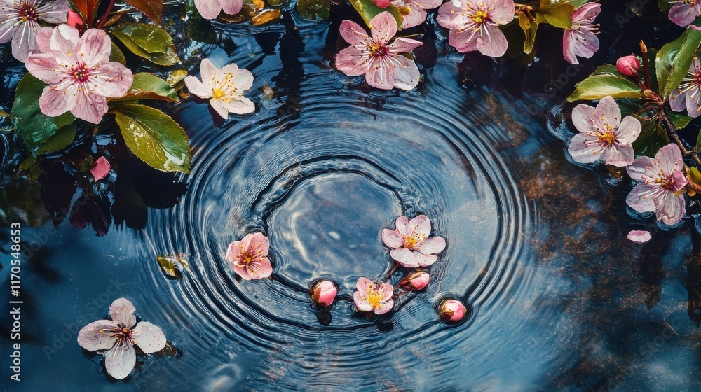Aufkleber Ripples create mesmerizing patterns in a puddle surrounded by blooming flowers in springtime nature
