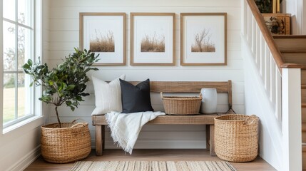 Cozy entryway featuring a wooden bench with woven baskets and modern decor
