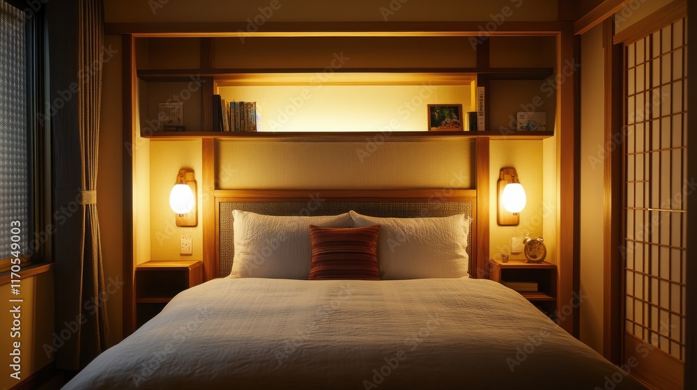 Poster cozy bedroom with wall-mounted headboard and soft ambient lighting creating a relaxing atmosphere