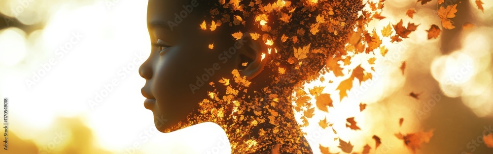 Poster Visualization of a child's profile blending with autumn leaves in a natural setting during sunset