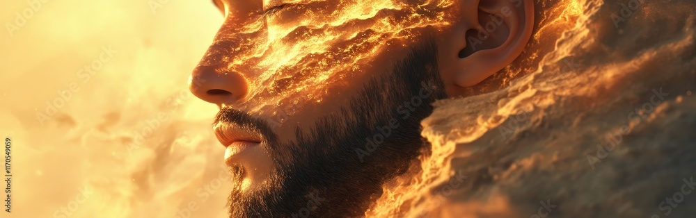 Fototapete conceptual visualization of a man's face blending with fiery elements under a dramatic sky