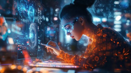 Conceptual representation of a designer immersed in a futuristic digital workspace, engaging in creative activities