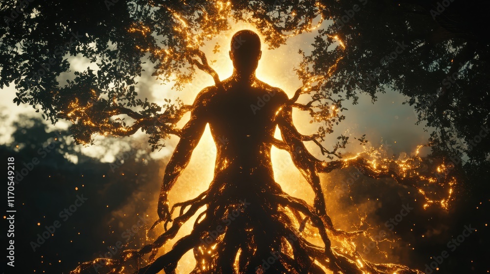 Poster glowing man surrounded by mystical roots and branches in a forest during twilight