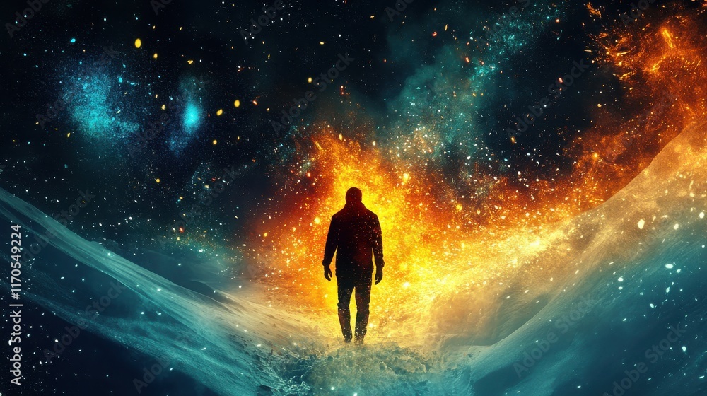 Aufkleber man glowing in a cosmic landscape with vibrant colors and an ethereal backdrop at dusk