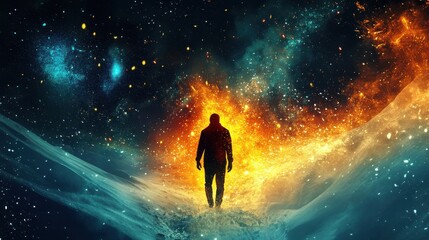 Obraz premium Man glowing in a cosmic landscape with vibrant colors and an ethereal backdrop at dusk