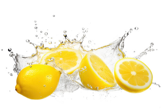 fresh lemons splashing water isolated on white or transparent png