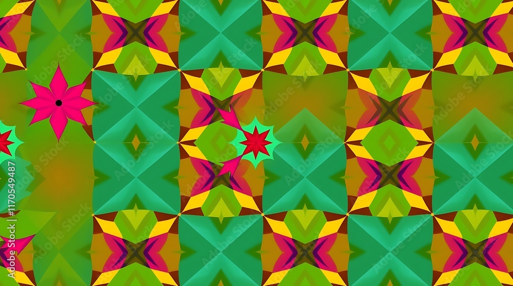 Poster vibrant geometric pattern: a captivating abstract design of colorful, interlocked shapes and lines, 