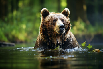 Behold regal manifestation of a resplendent brown bear amidst ethereal confines of a verdant swamp,...