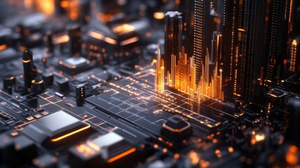 Clean depiction of stable investment in a high-tech, abstract cityscape at dusk showcasing financial growth and technology advancement