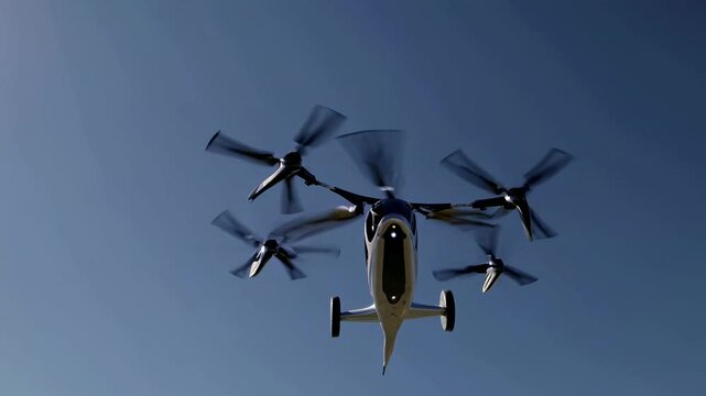 Innovative flying vehicle demonstrates advanced technology in urban skies during daylight