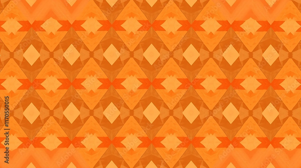 Poster Orange Geometric Pattern: A vibrant and intricate geometric pattern in warm shades of orange. This seamless pattern features a repeating diamond and cross design.