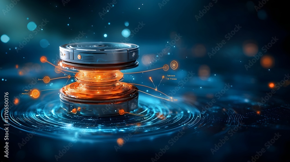 Poster visualizing quantum computing technology that depicts rotational kinetic energy transitions and moti