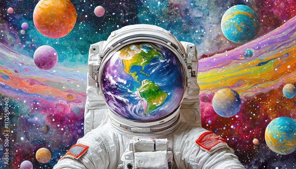 Poster an astronauts journey exploring a colorful bubbles galaxy on a distant planet a stunning visual of c