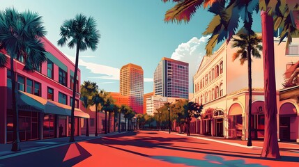 Naklejka premium A Vibrant City Street Scene With Palm Trees and Buildings