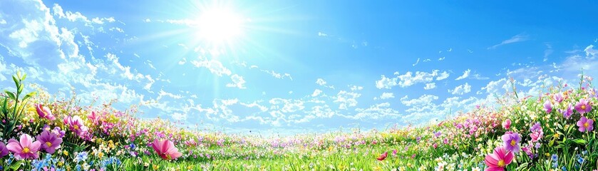 Vibrant Spring Landscape with Colorful Flowers Under Bright Blue Sky and Shining Sunlight in a Beautiful Natural Environment