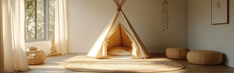 A cozy child's room with a small tent and soft textiles, creating a welcoming and playful nursery interior.