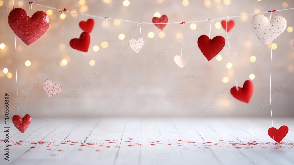 Poster romantic heart decorations with soft bokeh background creating a charming atmosphere for celebrating