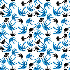 Seamless pattern with blue and black spiders. Watercolor abstract tarantula insects isolated on white background.
