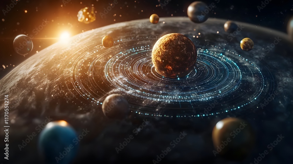 Poster Quantum computing simulation and visualization of the rotation and angular momentum of celestial bodies showcasing the intricate interplay of gravitational forces across the cosmos