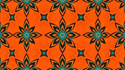 Fototapeta premium Orange and Teal Geometric Pattern: A vibrant and captivating pattern that captures the eye with its symmetrical, geometric design. This abstract pattern features bold orange and teal hues.