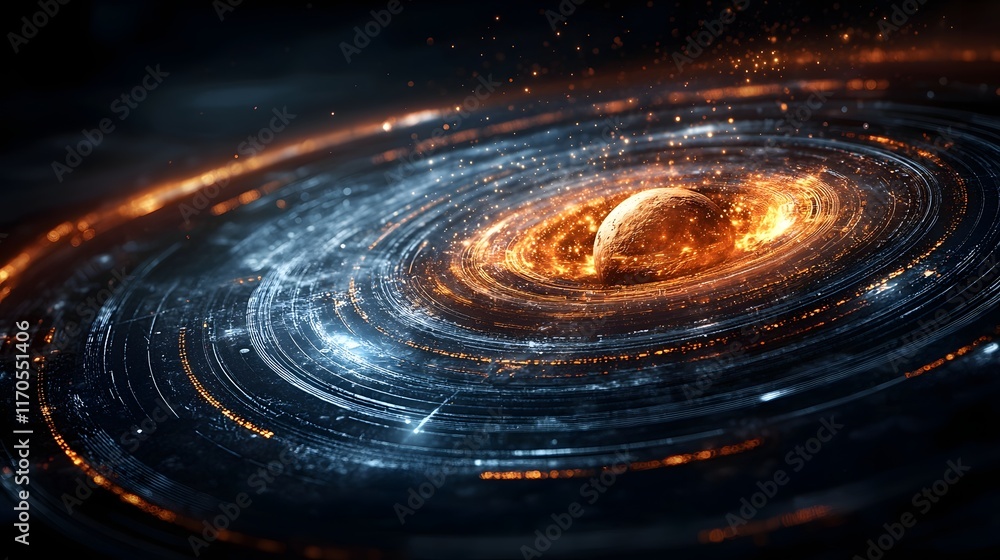 Poster quantum computing modeling the rotation of celestial bodies visualizing angular momentum and gravita