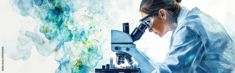 Aufkleber exploring the microscopic world with dedication and precision in a vibrant watercolor portrait