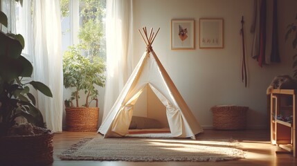 A cozy child's room with a small tent and soft textiles, creating a welcoming and playful nursery interior.
