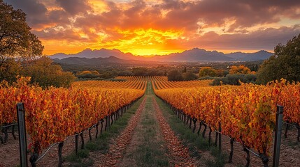 Naklejka premium Autumn Vineyard Sunset Scenic Mountain Landscape
