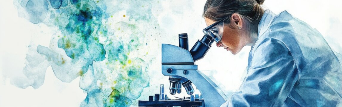 Exploring the microscopic world with dedication and precision in a vibrant watercolor portrait