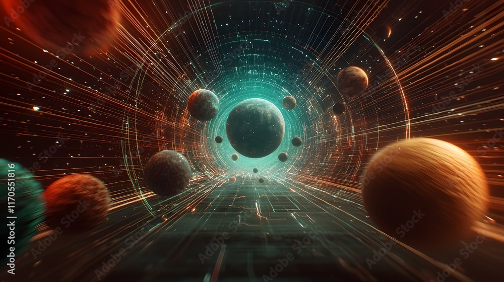 Poster quantum computing visualization of the rotation and angular momentum of celestial bodies in the cosm