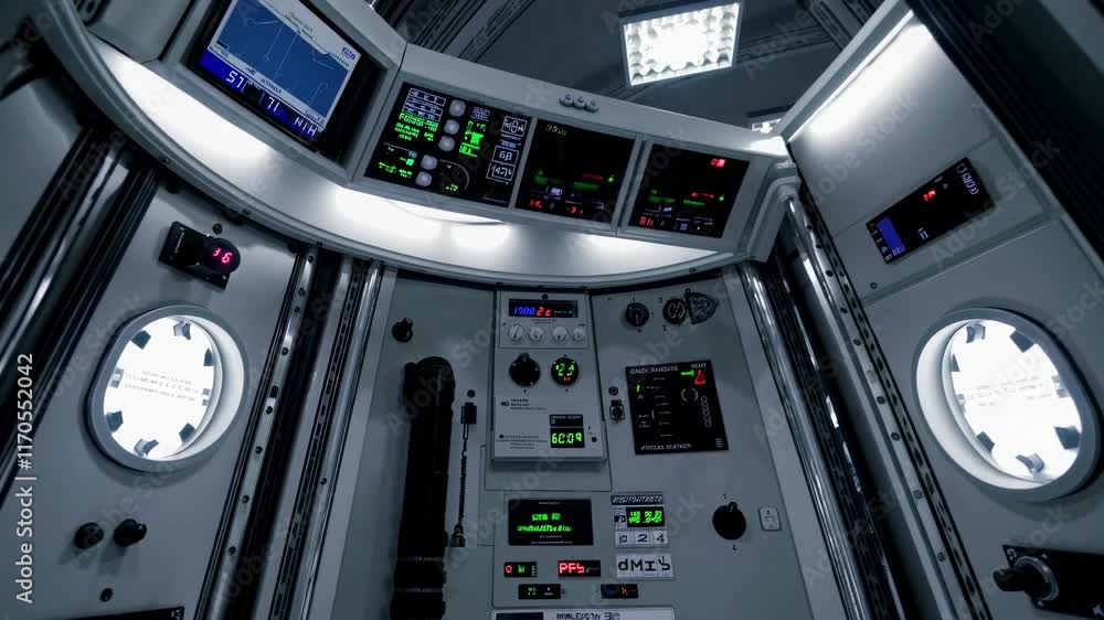 Poster inside a modern spacecraft control room showcasing advanced technology and instruments