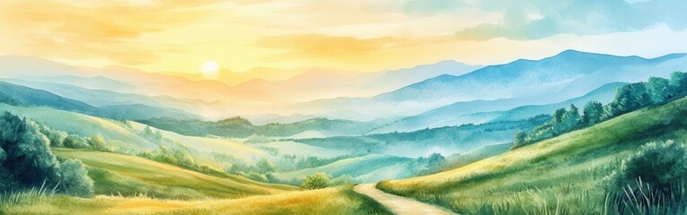 Obraz premium Serene watercolor landscape capturing a vibrant sunrise over rolling hills and distant mountains in a tranquil setting