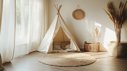 A cozy child's room with a small tent and soft textiles, creating a welcoming and playful nursery interior.