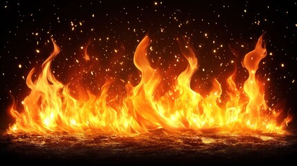 Fire flames rising and moving at dark night in dark blurred background. Camping fire suitable backdrop