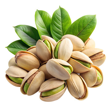 Fresh pistachio nuts with leaves isolated on transparent background