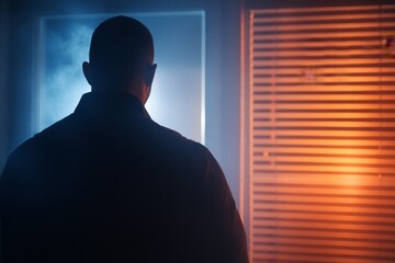 A ghostly silhouette appears behind a misty bedroom window at night, softly lit by moonlight, creating an eerie and mysterious atmosphere in the room