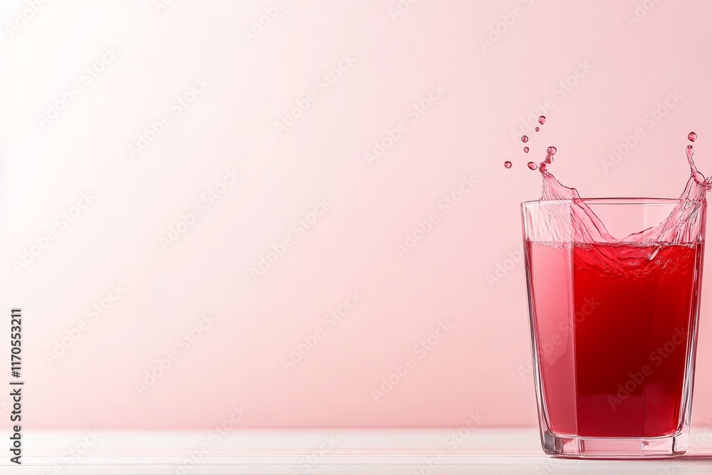 Poster Vivid red liquid bursts into a glass, creating dynamic splashes and droplets in mid-air, set against a soft gradient pink and white background