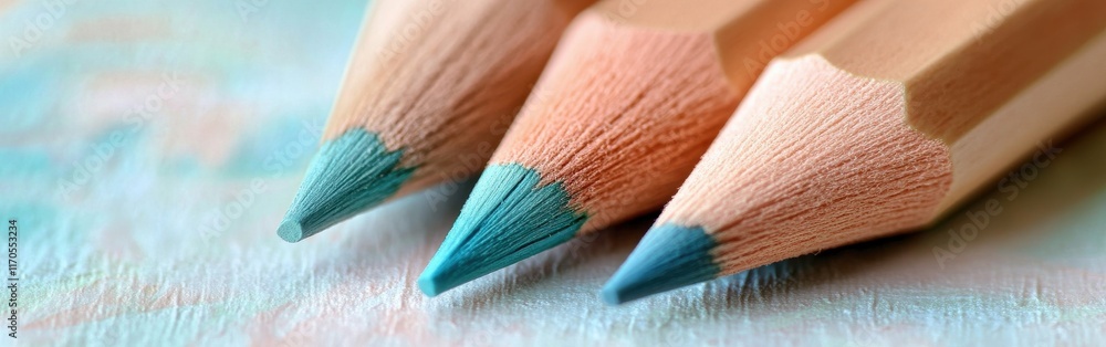 Poster faint teal colored pencils arranged in a row showcase soft pencil strokes and gradients in a calm ar
