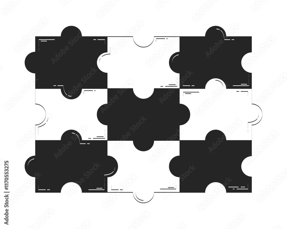 Poster interlocking puzzle pieces doodle linear object. teamwork, problem-solving, integration connectivity
