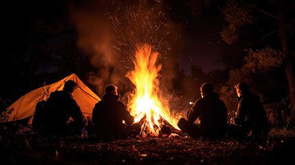Fire flames rising and moving at dark night in dark blurred background. Camping fire suitable backdrop