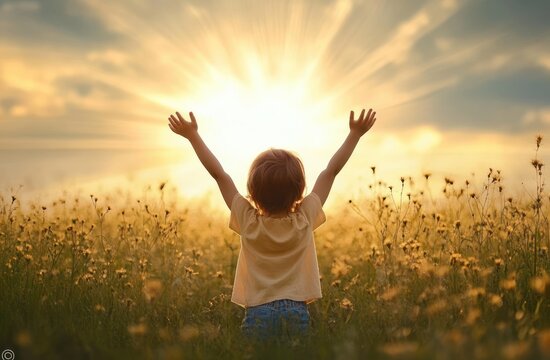 Girl in a Field Praising Lord with Arms Raised in Thankfulness and Prayer